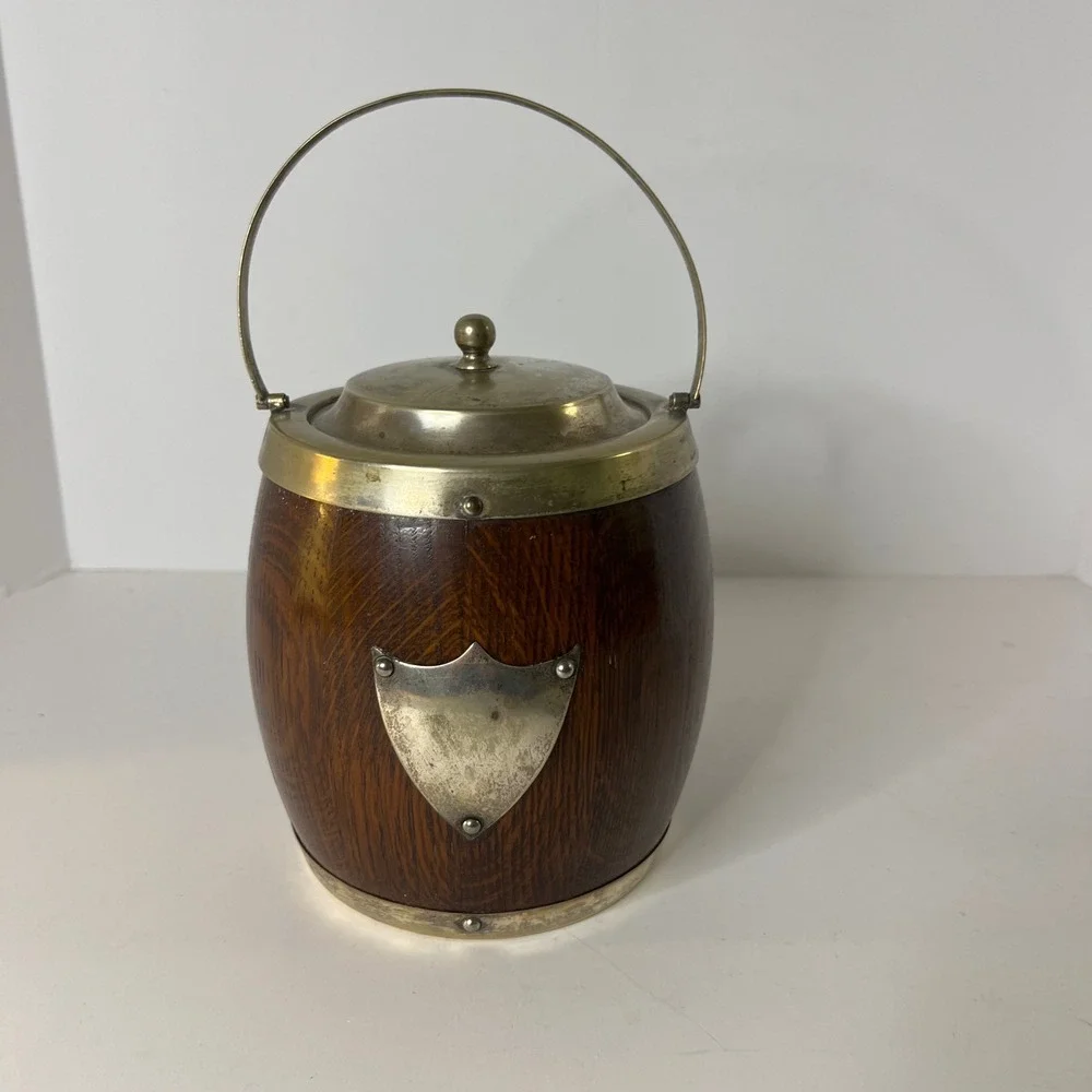 Antique English Oak & Silverplate EPNS Biscuit Barrel Lid‎ Handle Flaw